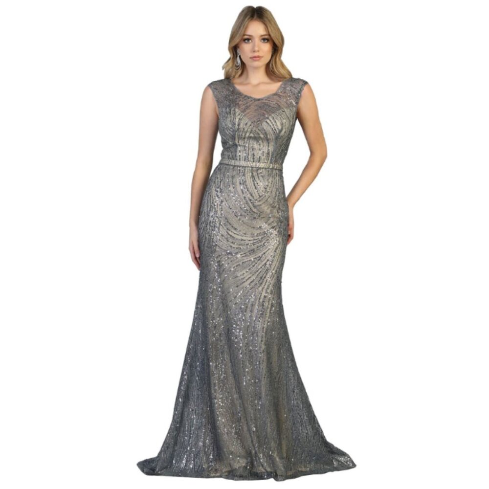 Dusty Blue Formal Long Scoop Neck sleeveless Mermaid Dress By Royal Queen RQ7810
